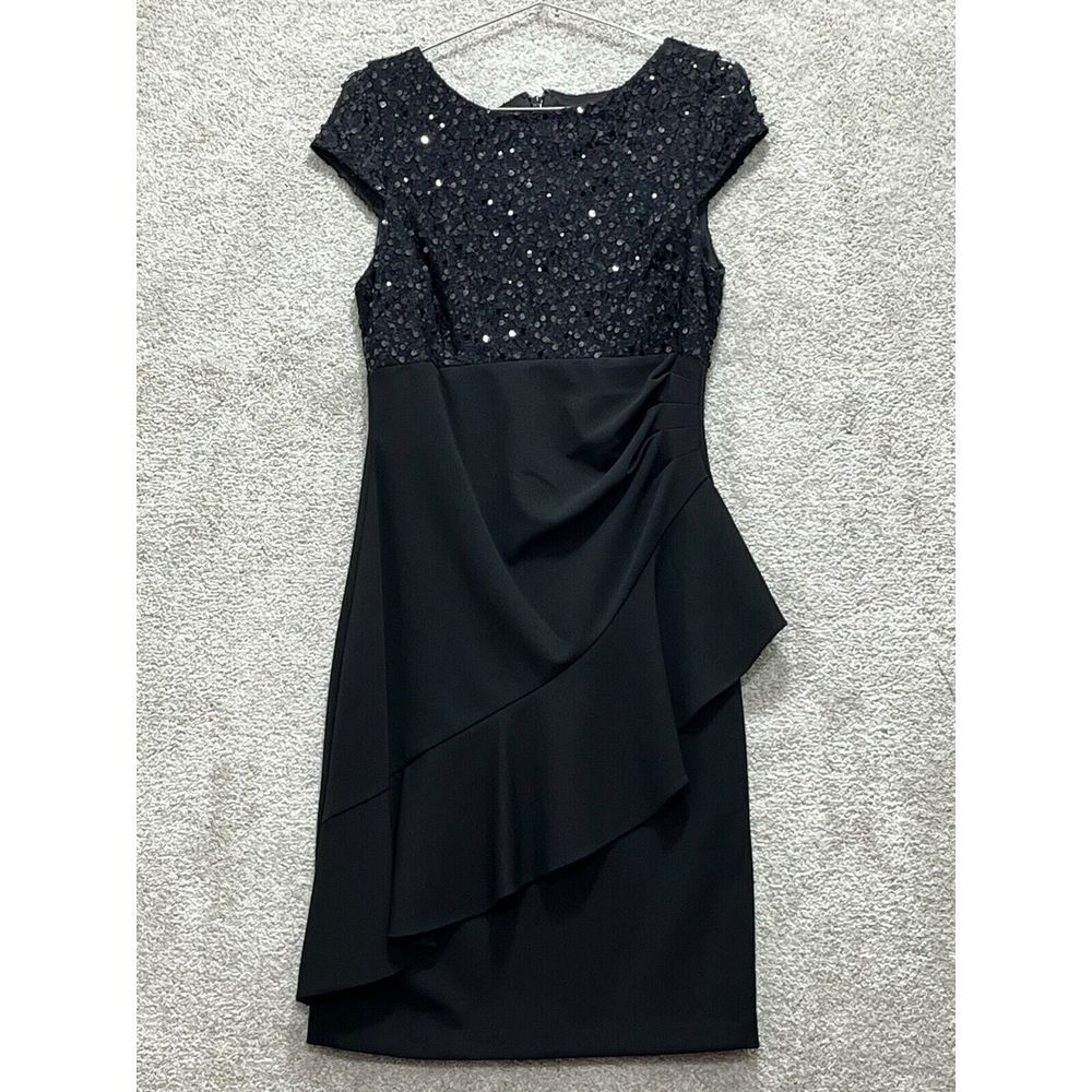 Jessica Howard Ruffled Sheath Dress Womens Size 8 Black Short Sleeve Back Zipper